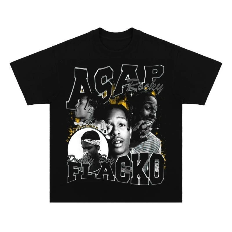 

Original ASAP Rocky Rocky HIPHOP Hip Hop Short Sleeve Rap Loose Cotton Print T-shirt American Round Neck Rap