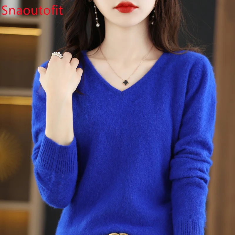 Autumn and Winter New Female Pure Mink Cashmere Sweater Woman V-neck Waist in Slimming Knit Jumper Fallow Fever Heat Warm Top