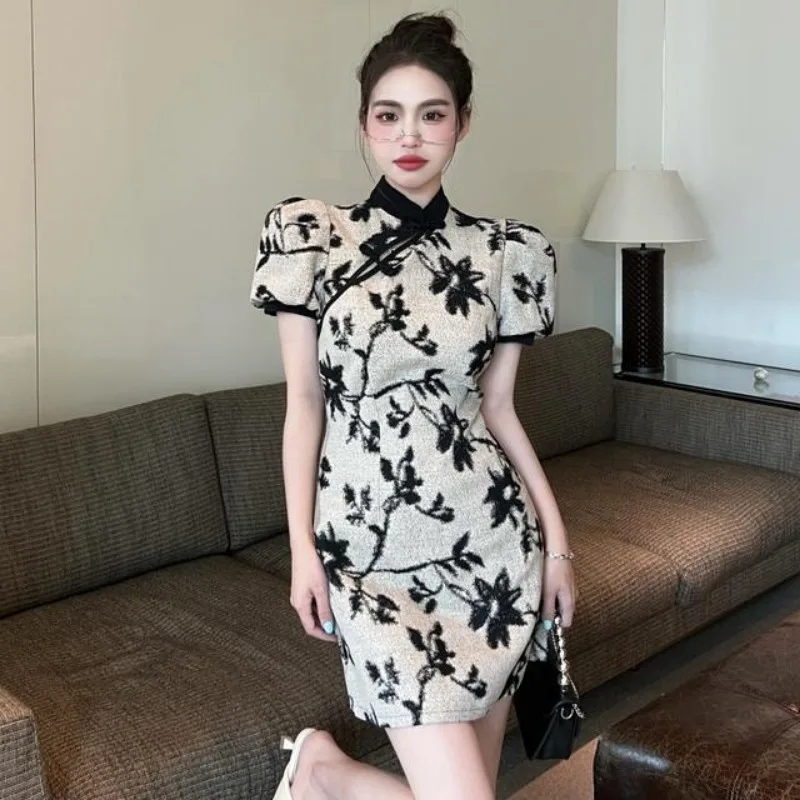 

New Chinese Style Short Sleeve Summer Dress Women Vintage Elegant Tunic Mini A-line Temperament Fashion Print Party Popular Soft