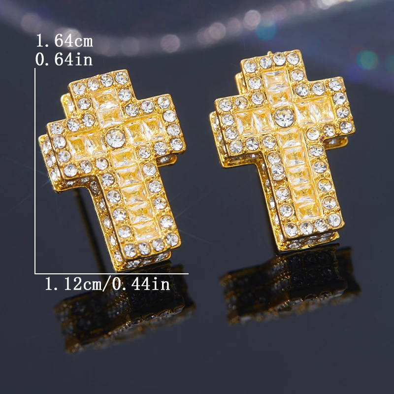 Luxury Punk Cross Earrings for Men Iced Out Zirconia Hiphop Stud Earring Gold Color Women\'s Accessories Fashion Jewellery