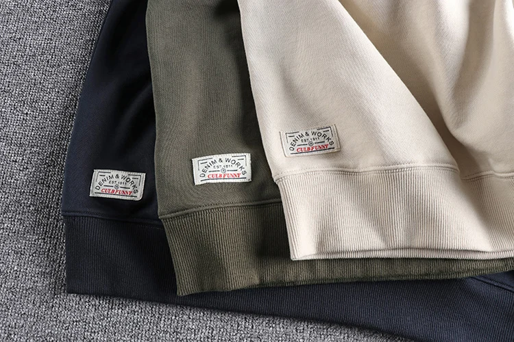 1561# Spring Autumn New 360g American Retro Solid Color Sweatshirts Men's Simple 100% Cotton Washed Pullover Casual Sportwear