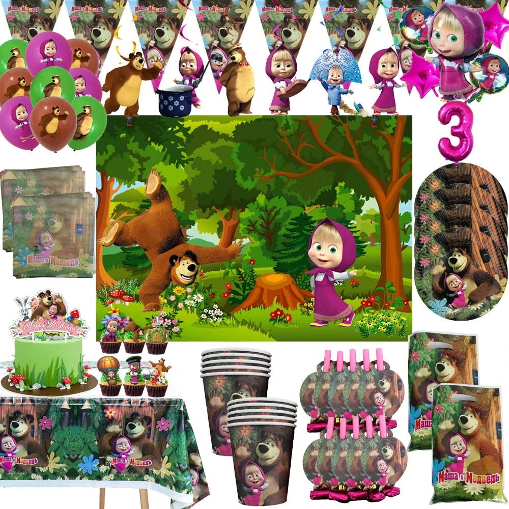 Decoraciones para Fiesta de Cumpleaños con Temática de Masha y el Oso, Globos de Masha para Niñas, Platos, Juego de Vajilla para Baby Shower, Regalos y Recuerdos