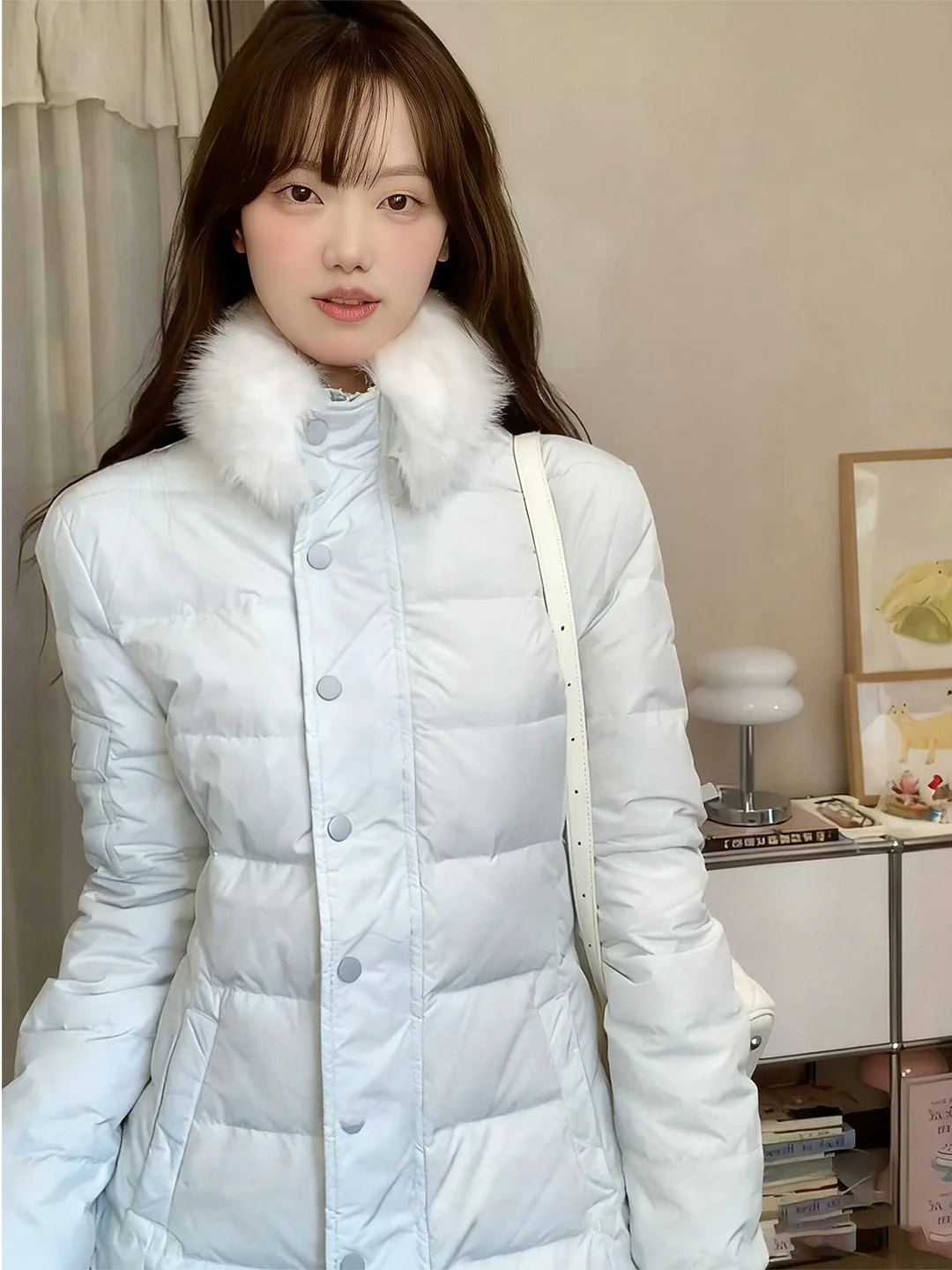 

Serene Lake Blue Women's down Jacket Autumn Winter Zipper Front Coat with Fur Collar Slimming Waist Design Long Sleeve