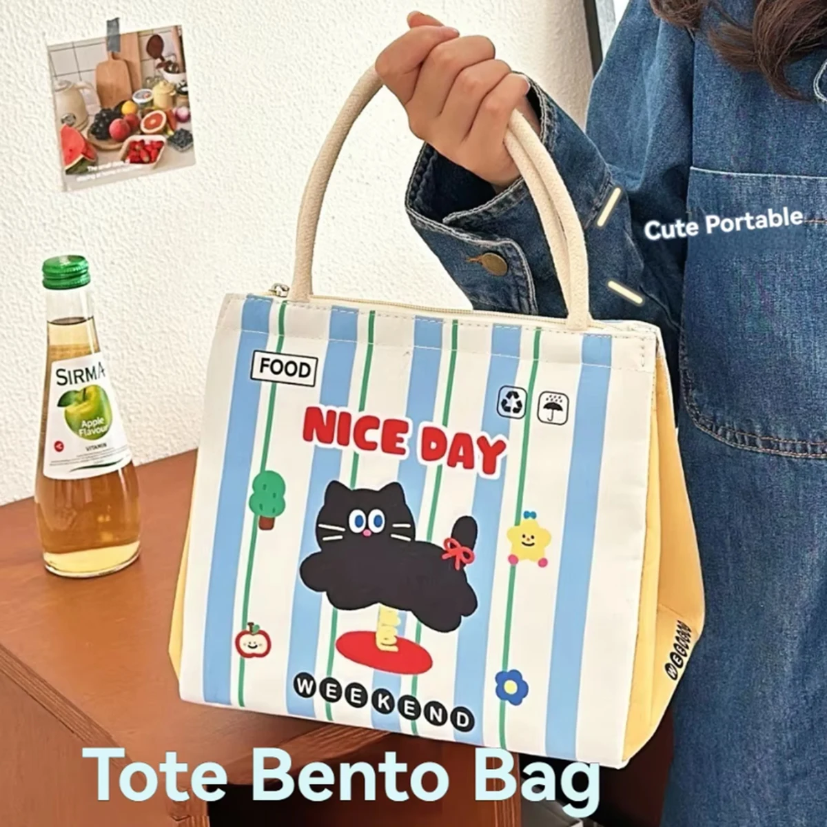 Niedliche Kätzchen-Lunchbox-Tasche für Studenten, handgehaltene isolierte Lunchbox-Tasche aus Aluminiumfolie, große Kapazität, Lunchbox-Tasche