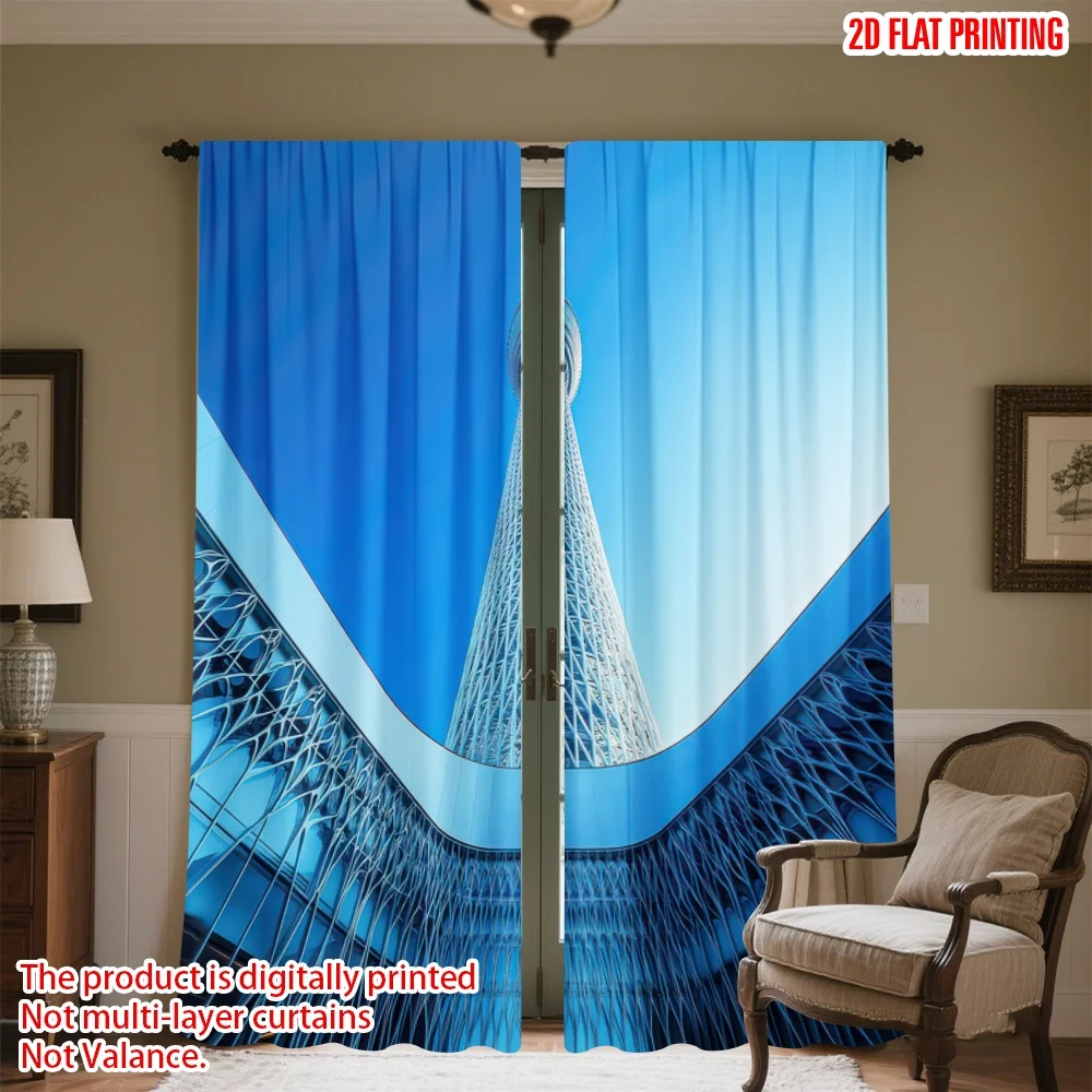 

2D flat printing 2pcs Scene Curtains Futuristic Tower View Digital Printed Polyester Drapes Party Decorations Use for All Season
