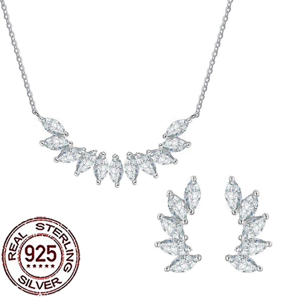 

CWWZircons 925 Silver Sparkling Marquise Cut Cubic Zirconia Wings Shape Necklace 2Pcs Sets for Women Wedding Party Jewelry ST041
