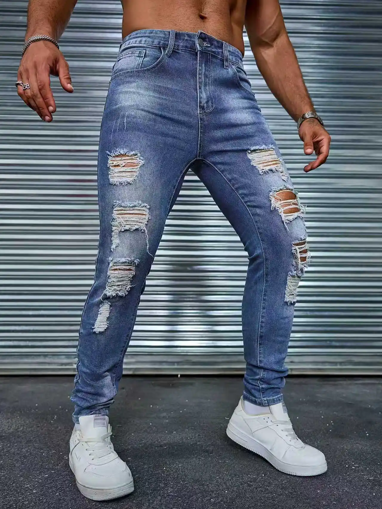 Мужские узкие рваные эластичные джинсовые брюки