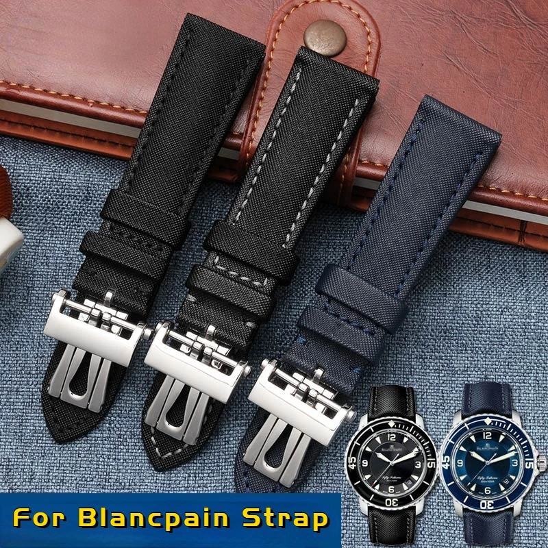 23mm Weaving Nylon Cowhide Strap Folding Buckle Watchband Suitable for Blancpain Fifty Fathoms 5000 5015 Blue black Wrist strap