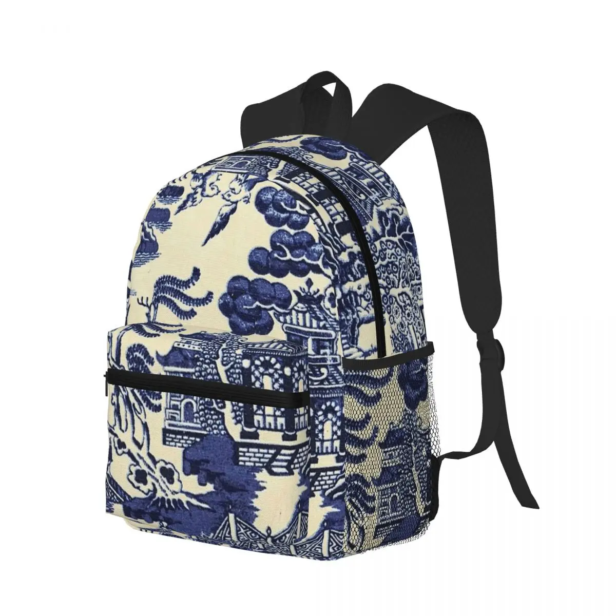 Blue Willow Chinoiserie Blue And White Porcelain Student Backpack School Bag Hiking Daypack for Men Women Bookbag Shoulder Bags