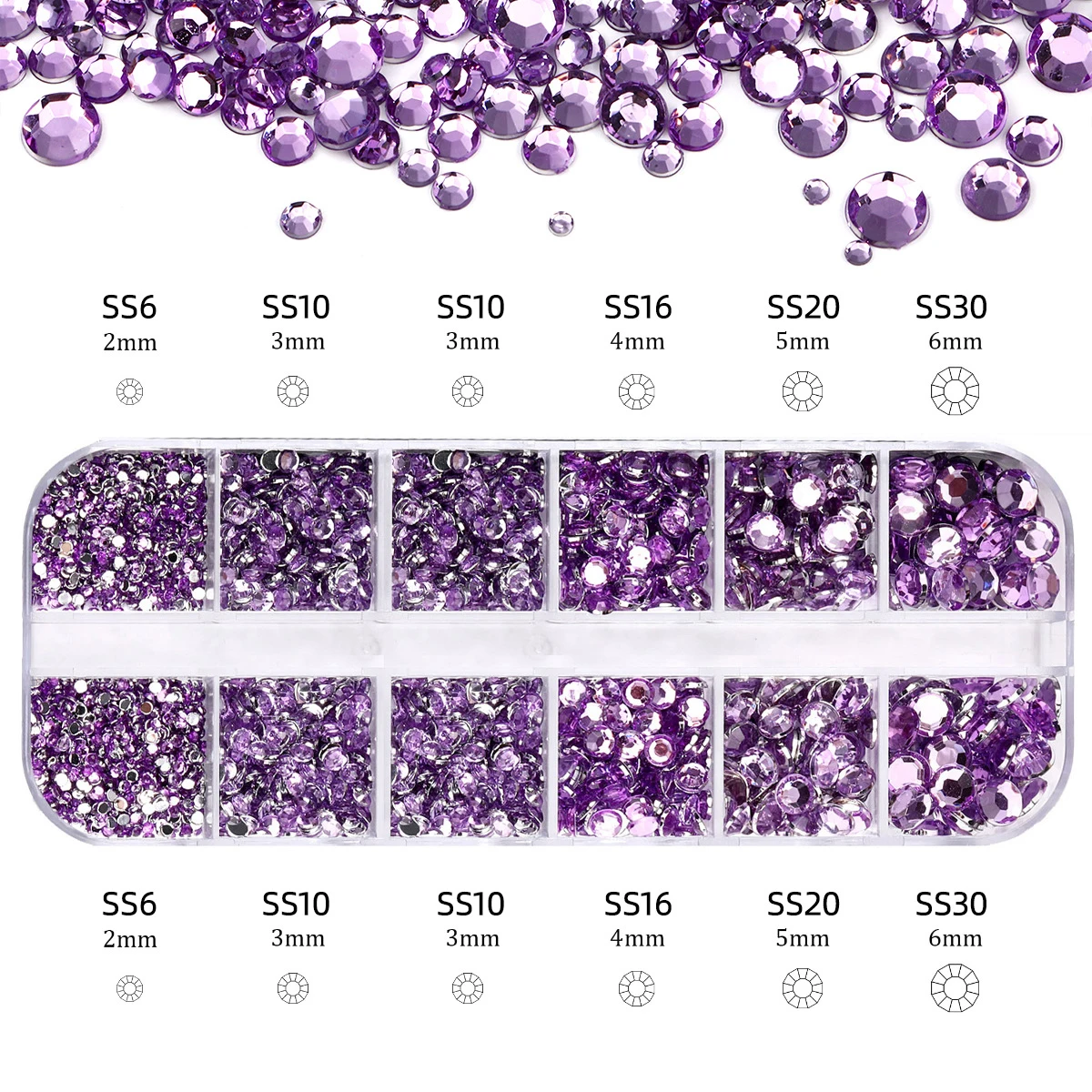 12Grid/Box Lavender Purple Round Nails Rhinestone Flatback Diamond Glass Jewelry Mix-size Glitter Resin Crystal Manicure Charms