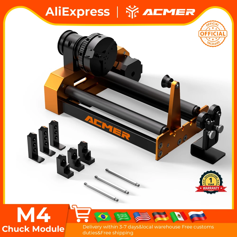 

ACMER M4 Chuck Module Rotating Module 360° Rotating 4-in-1 Rotary Engraving for Cylindrical Cans Bottles Sphere Rings Objects