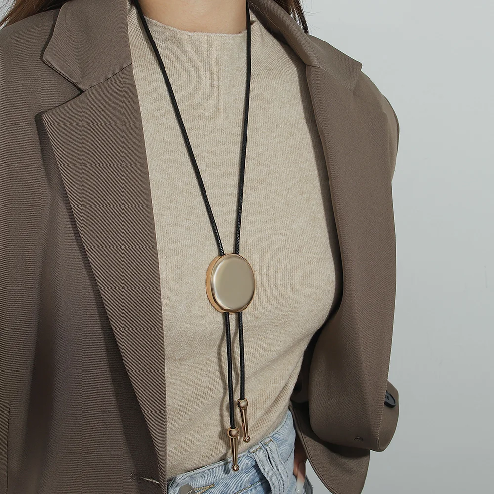 ALLYES Trendy Big Round Tassel Pendant Leather Necklaces for Women Simple Adjustable Long Sweater Chain Fall Winter Accessories