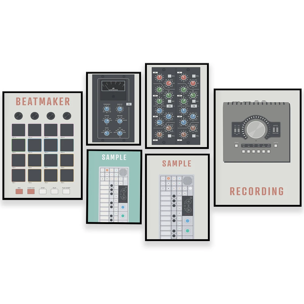 ملصق منتج الموسيقى، معادل SSL، واجهة التسجيل، عينات المركب، صانع المجموعات، ملصق موسيقى ملف الصوت، الأدوات