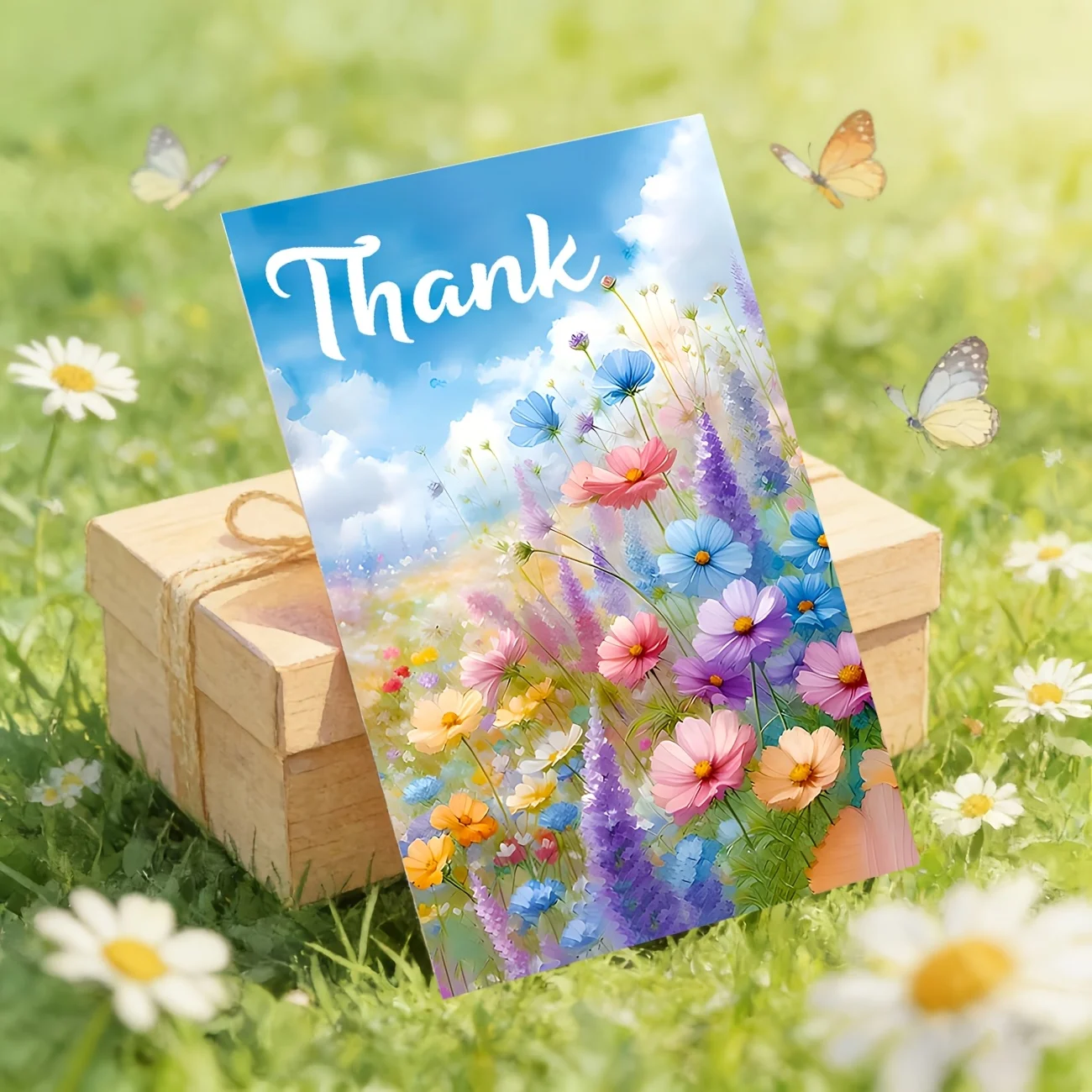 50PCS Colorful Flower Field Pattern Thank-you Cards, Used for Anniversary Celebrations, School Events, and Holiday Gatherings