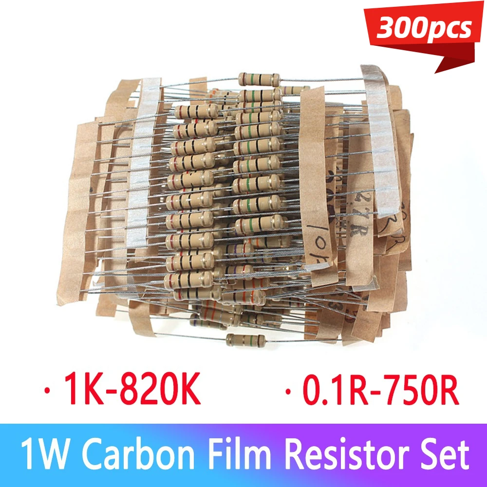 300PCS/lot 1W Carbon Film Resistor Set 1K-820K & 0.1R-750R Ohm 5% Color Ring Resistance DIY Electronic Components Kit