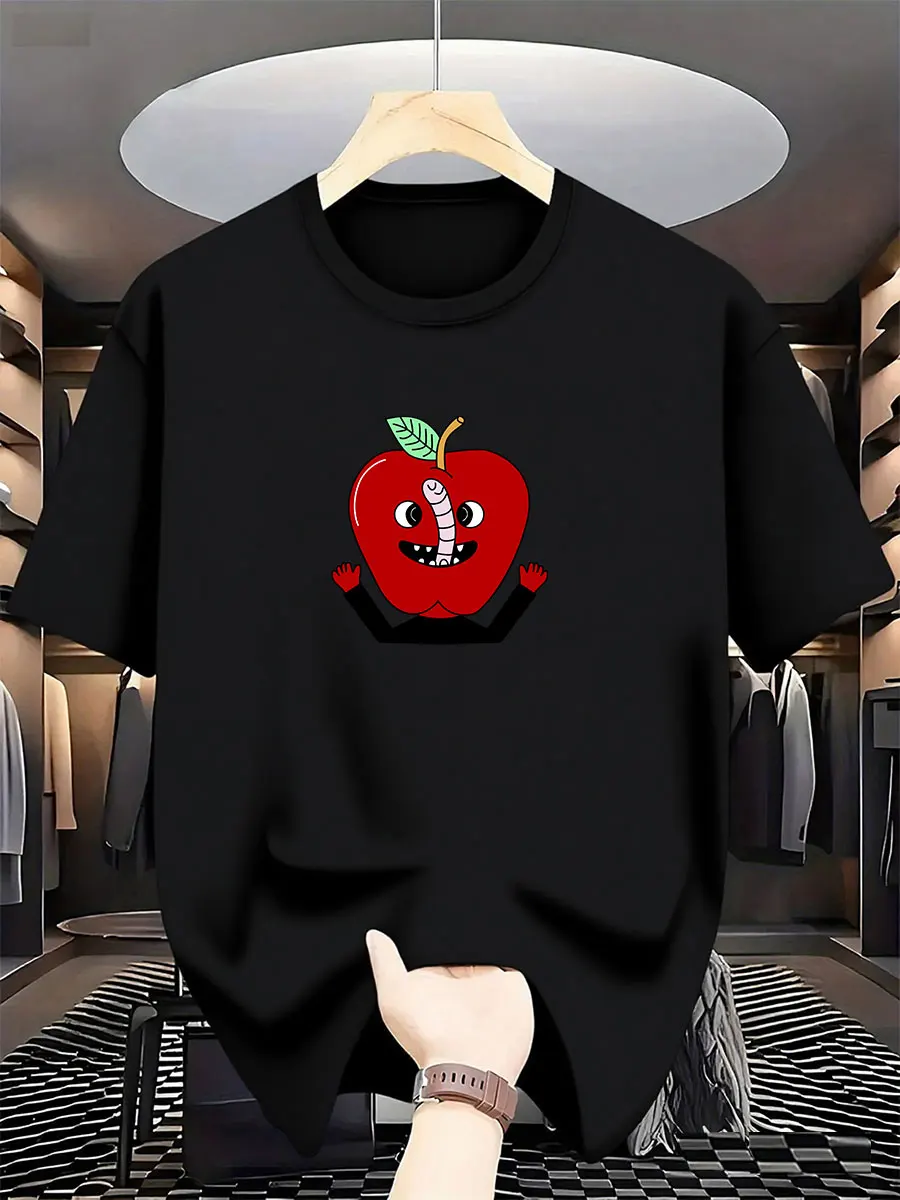 

2026 New Men's Fashionable Cartoon Apple Pattern Printed T-shirt, Pure Cotton Round-neck Casual Urban Style, High-quality Premiu