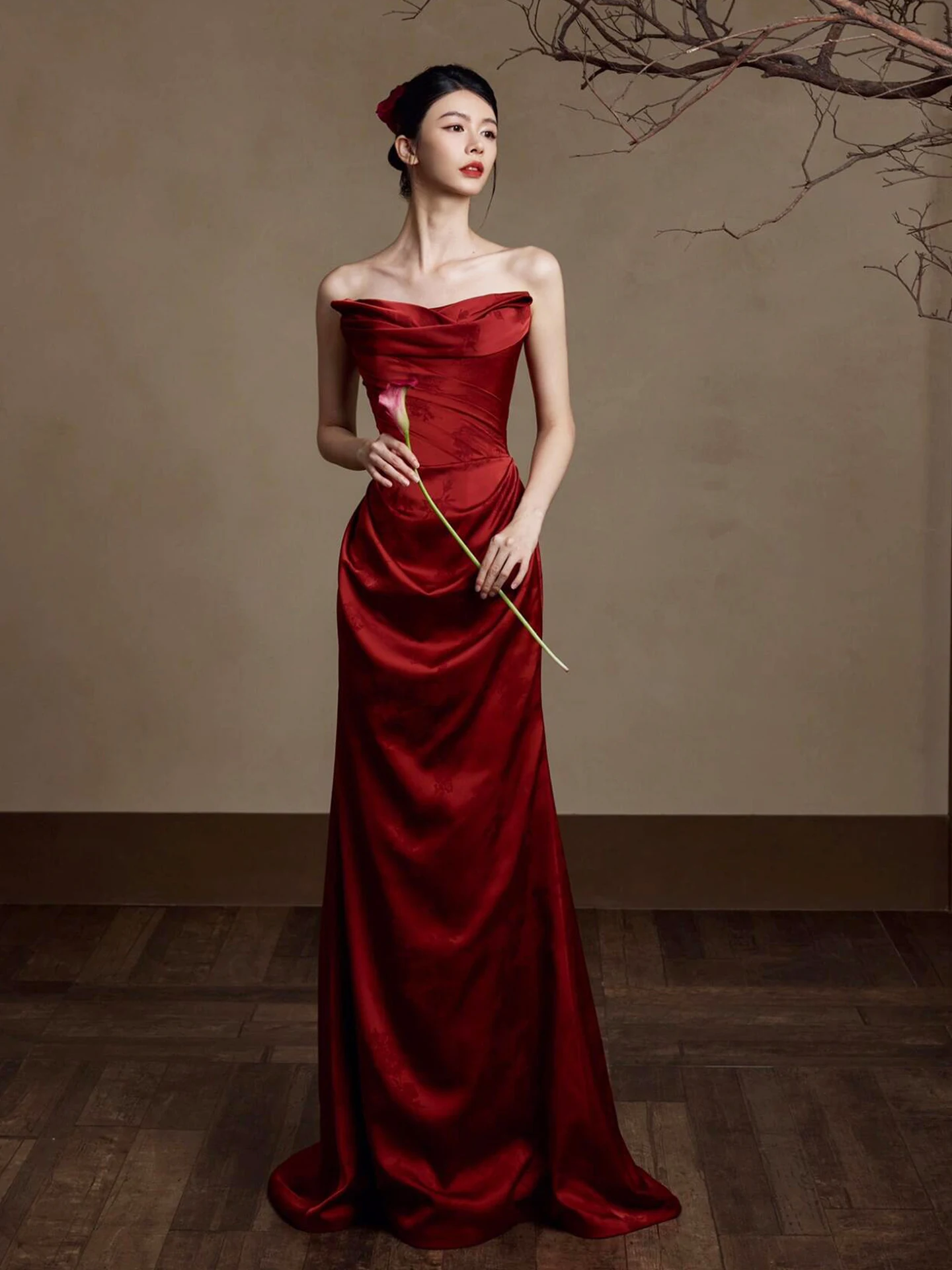 

Red Wedding Dr Chic Sensation Bridal Gown Women's Evening Dr Vintage Sle Belted Floor Length Svel
