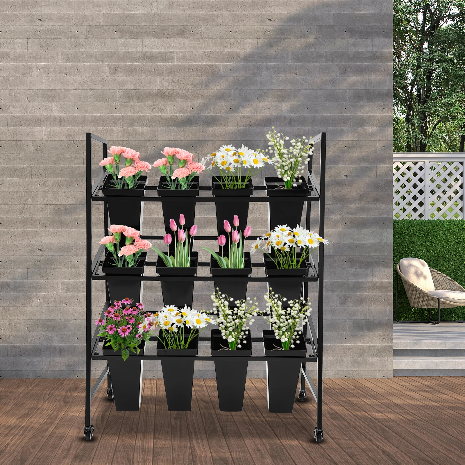 Flower Display Stand 3-Tier Flower Holder Flower Display Stand with 12 Pieces Buckets 30kg Load Capacity Use In Homes/Florists/Home Balconies/Gardens