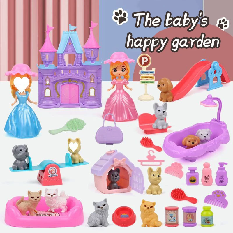 Cute Dog Pet Basket Family Toy Children Play House Games Toy Cute Mini Animal Scene Playing Toys Cat And Dog Doll Set Toys Gifts