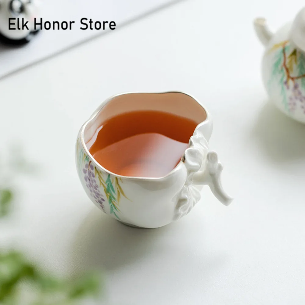 125ml Pure Hand-painted Wisteria Flowers Ceramic Teacup Gilt Silve Rmaster Cup Creative Persimmon Handle Tea Bowl Teaware Gifts