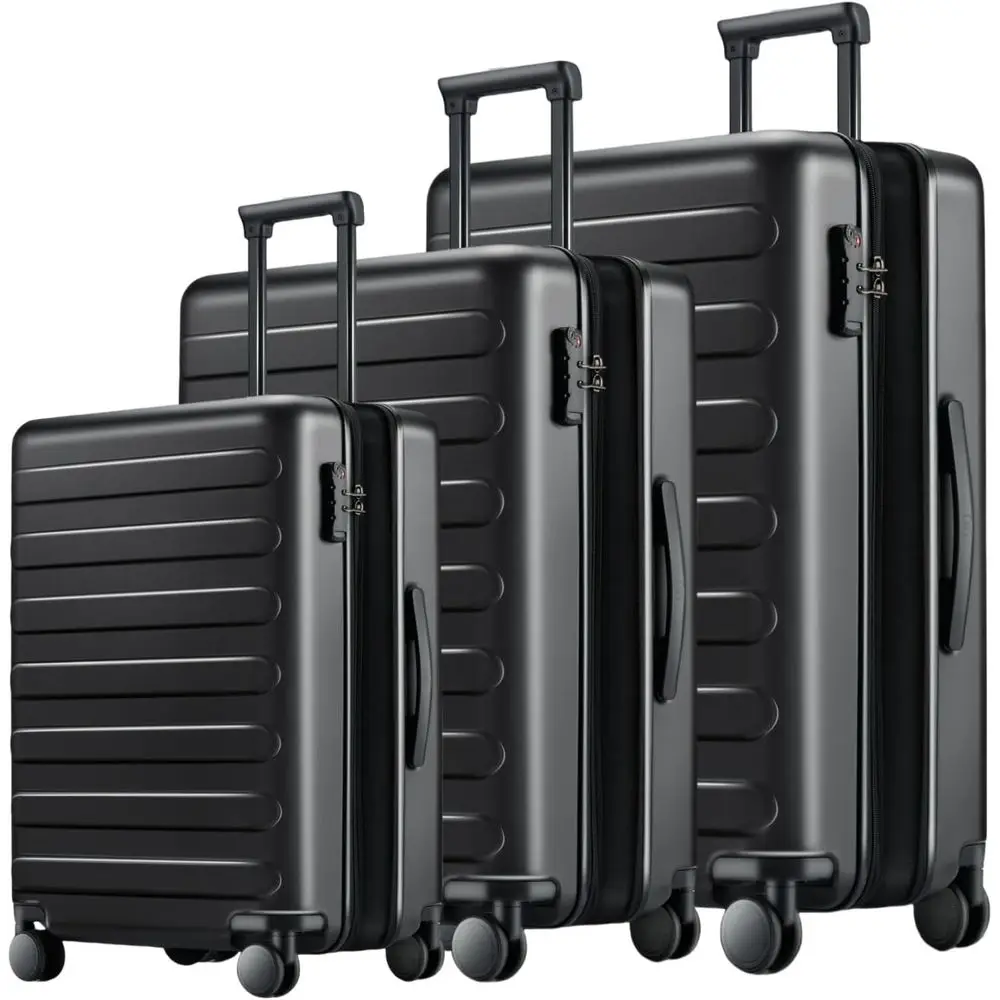 

3 Piece Hard Shell PC Luggage Set, Airline Approved, Spinner Wheels, Expandable, TSA Lock, 20in/24in/28in (Black, Rhine Max)