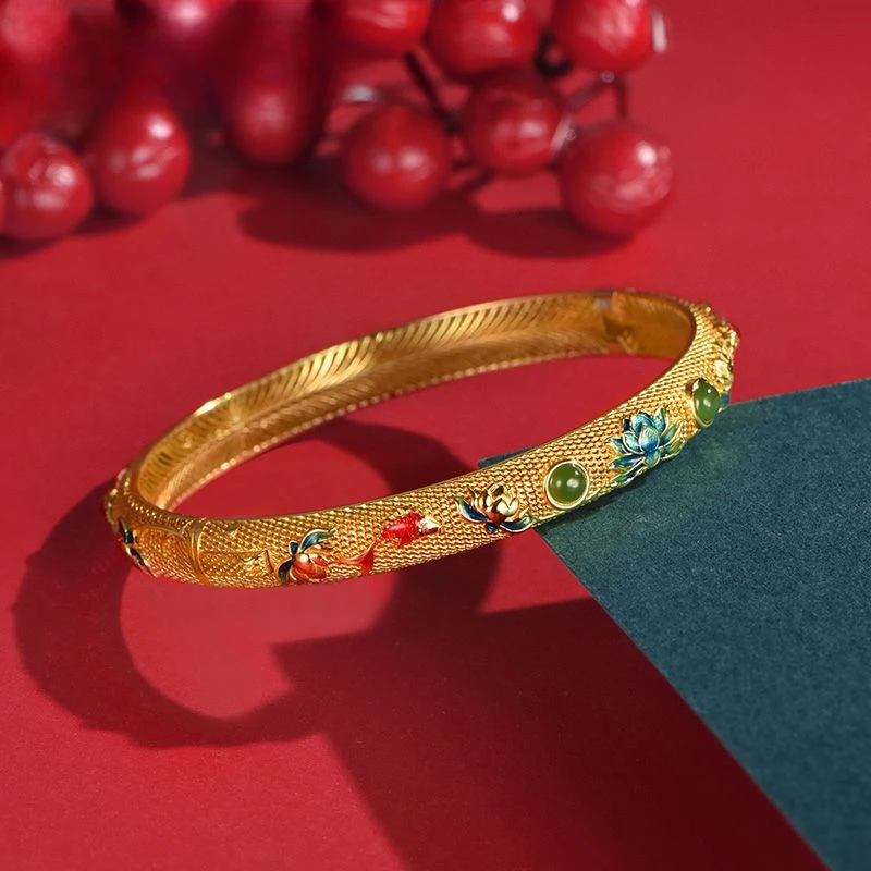 UMQ Original S925 Silver Inlay Fu Yuyue Silk Enamel Bracelet Golden National Fashion New Year Gift for Girlfriend