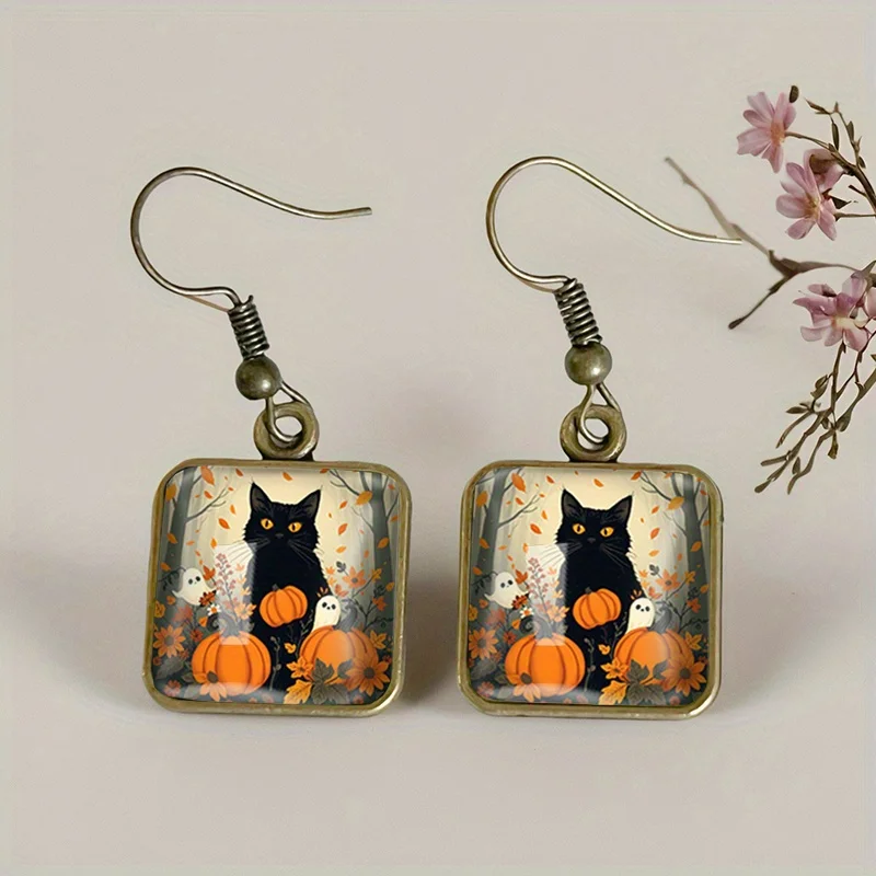 1 Pair Pumpkins Leaves Cat Square Earring Retro Glass Dangle Earrings Handmade Jewelry Gift