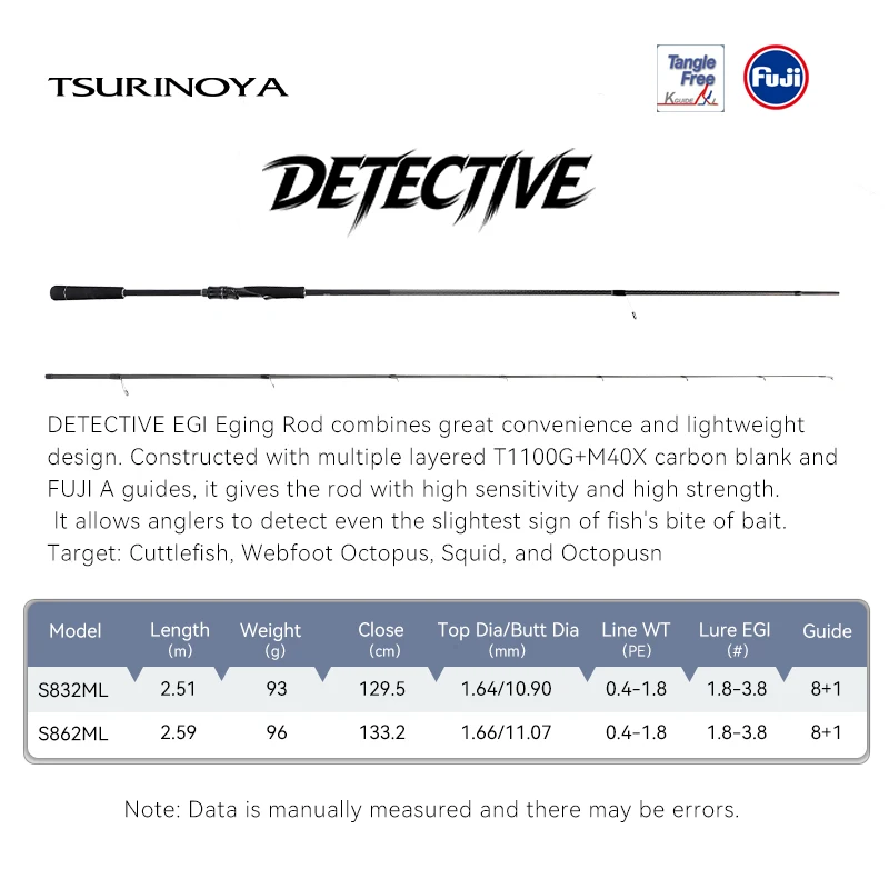 TSURINOYA Inshore EGI Rod DETECTIVE S832ML S862ML lightweight 93g FUJI A Guide 2 Section Carbon Squid Cuttlefish Fishing Rod