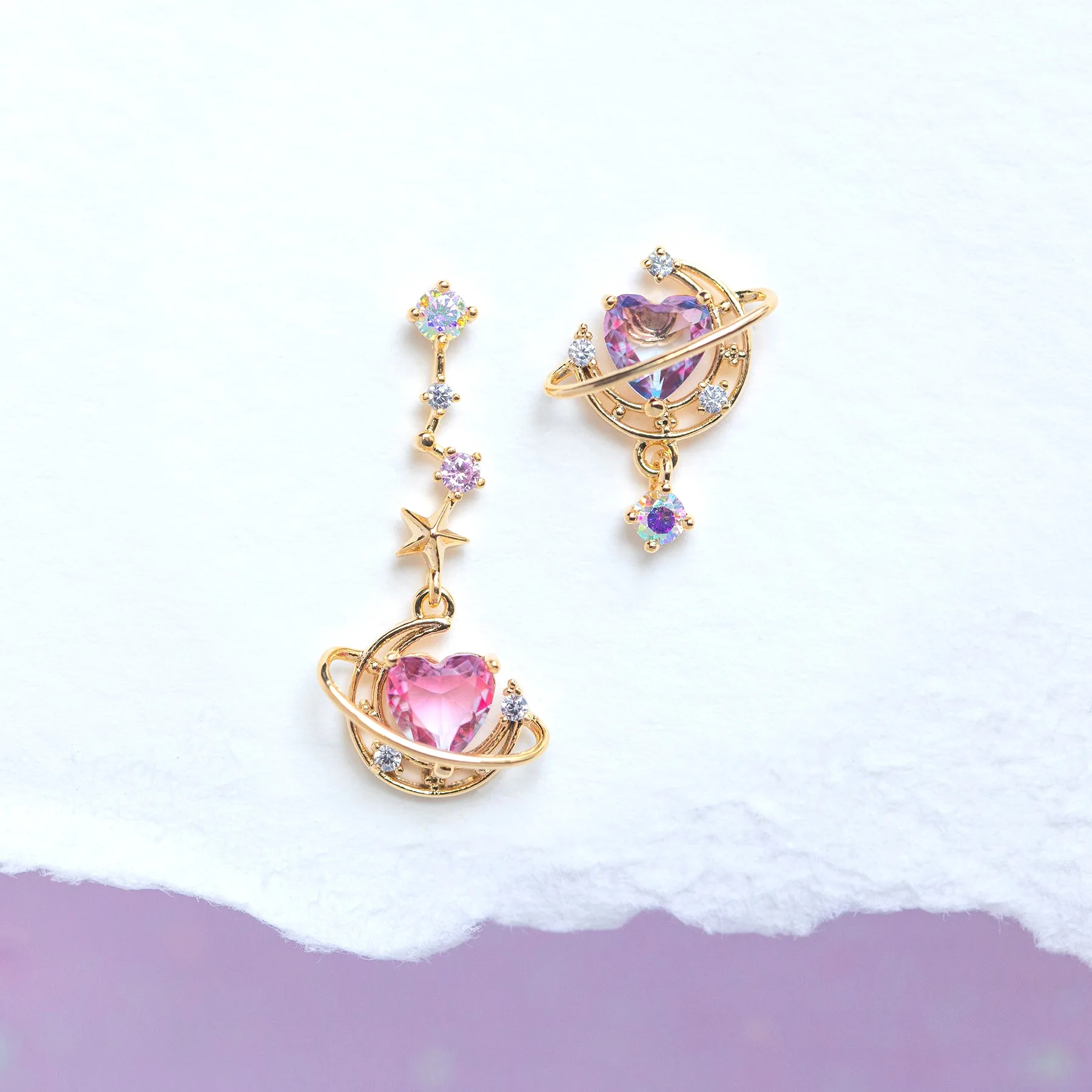 New Ins Asymmetric Moon Heart Earring For Women Cute Gold-plated Pink Zircon Heart Stud Earrings Fashion Aesthetic Jewelry Gift