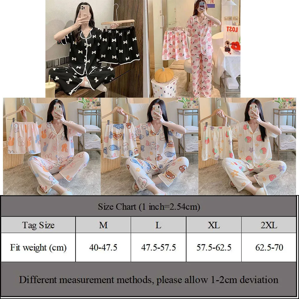 Trendy Women Pajama 3 Piece Outfit featuring Cute Cartoon Bow Design Comfortable Short Sleeve Top paired with Long Pants