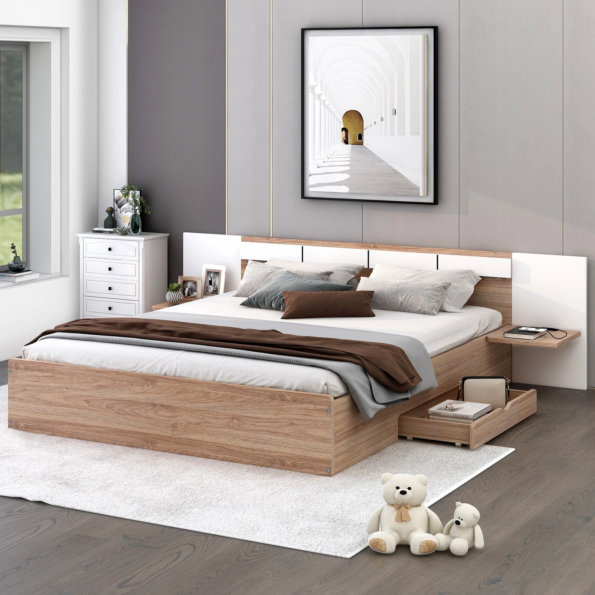 

Queen Size Platform Bed with Headboard, Drawers, Shelves, USB Ports and Sockets, Natural Finish 81.90x91.50x22.80 in.