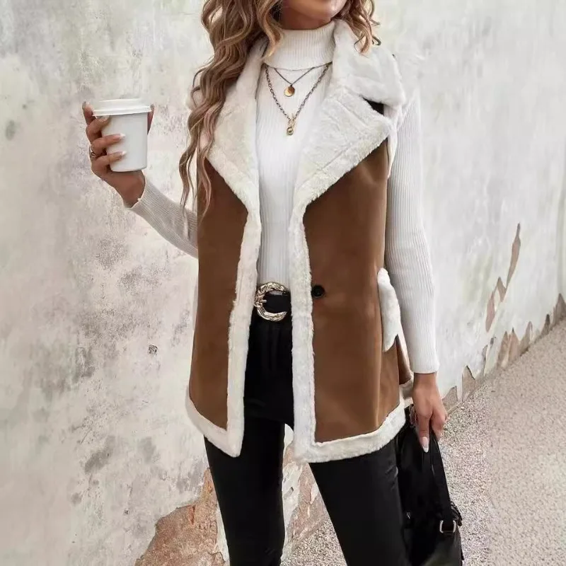 

Women's Vest Fashion Faux Fur Lamb Wool Splicing Sleeveles Coats Vintage Casual Turn-down Collar Single Button Warm Vests Female