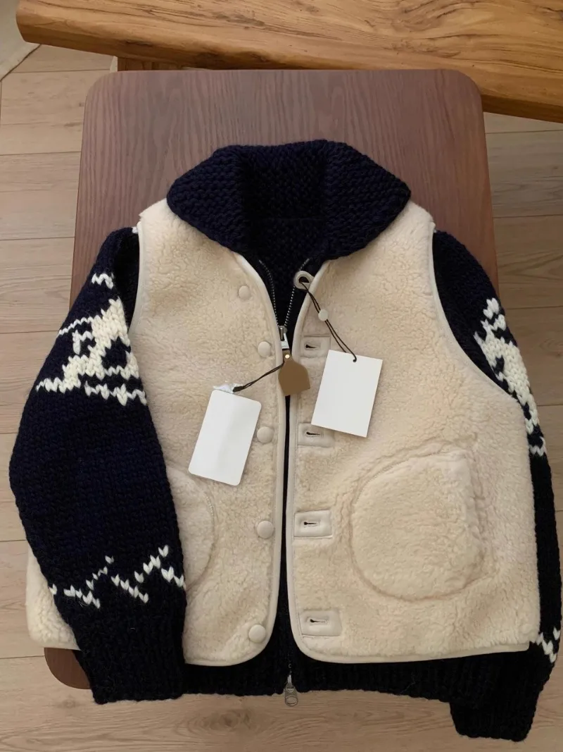 2024 New Inner Winter Atmosphere Ski Jacquard Lapel Sweater Trendy Navy Blue Knitted Cardigan Jacket For Women