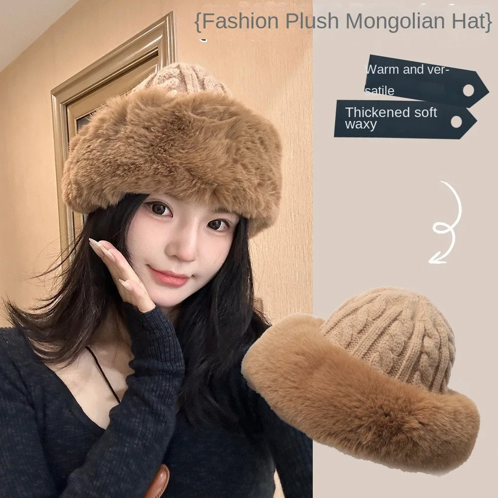 

Personality Korean Style Faux Fur Bucket Hat Keep Warm Knitted Fisherman Hat Ear Protection Thicken Winter Women Hat Ladies