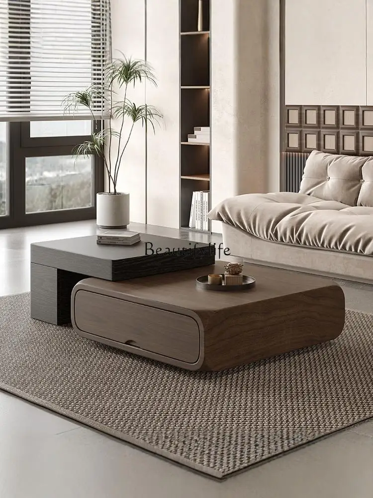 

Italian minimalist small apartment living room home retro style square walnut color retractable coffee table