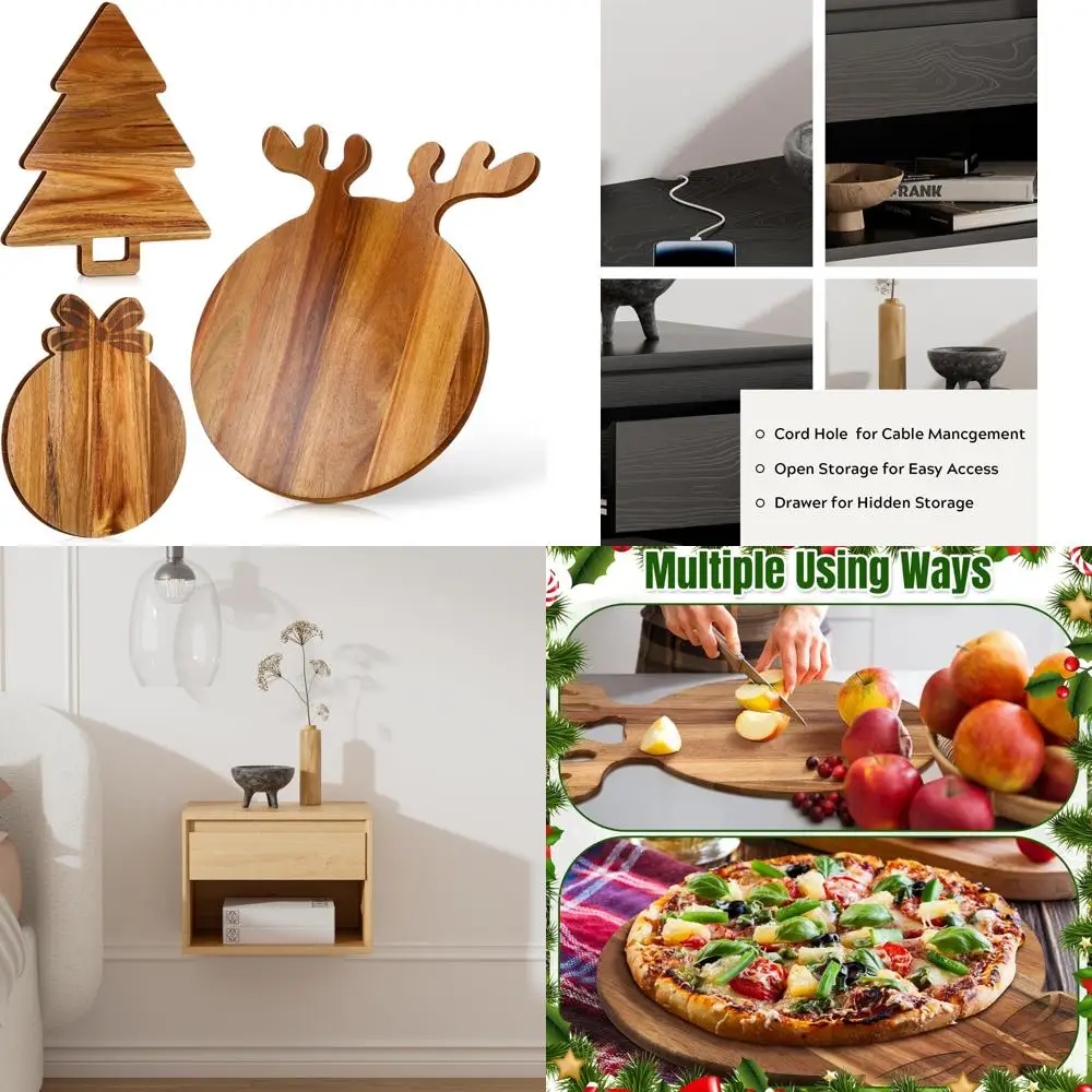 

Large Round Acacia Wood Christmas Charcuterie Board with Xmas Tree and Antler Wreath Handle, Decorative Serving Platter for Fest