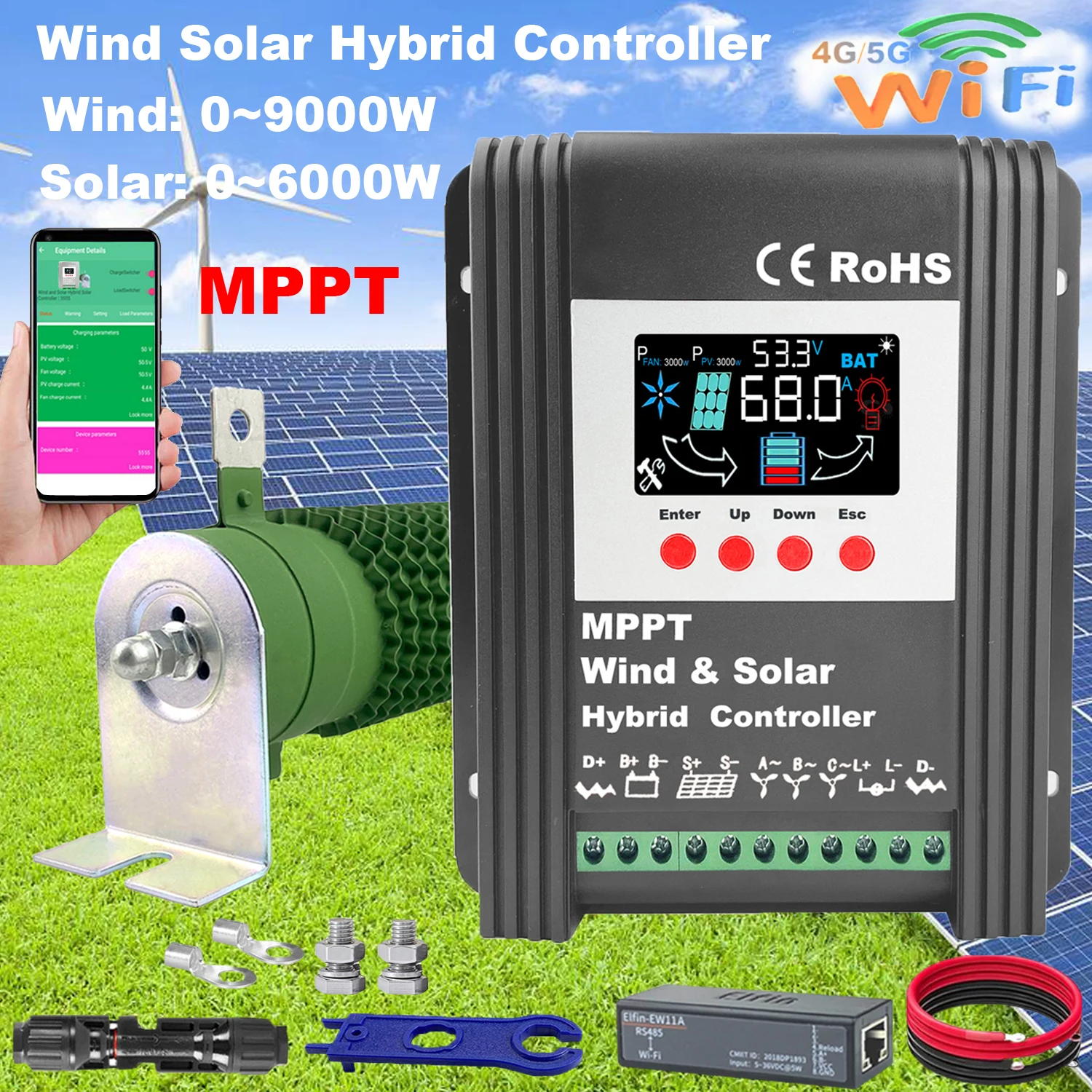 3000w 4kw 5000w 12V 24V 48V Hybrid Wind Controller MPPT Board Solar Panel Charger LCD Display For Lifepo4 Lithium All Battery