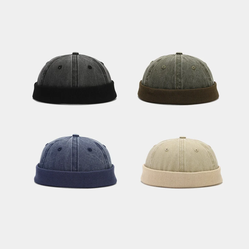 Japanese Retro Washed Patchwork Melon Cap Unisex Street Fashion No Brim Skullcap Hip Hop Stage Hat Men Women