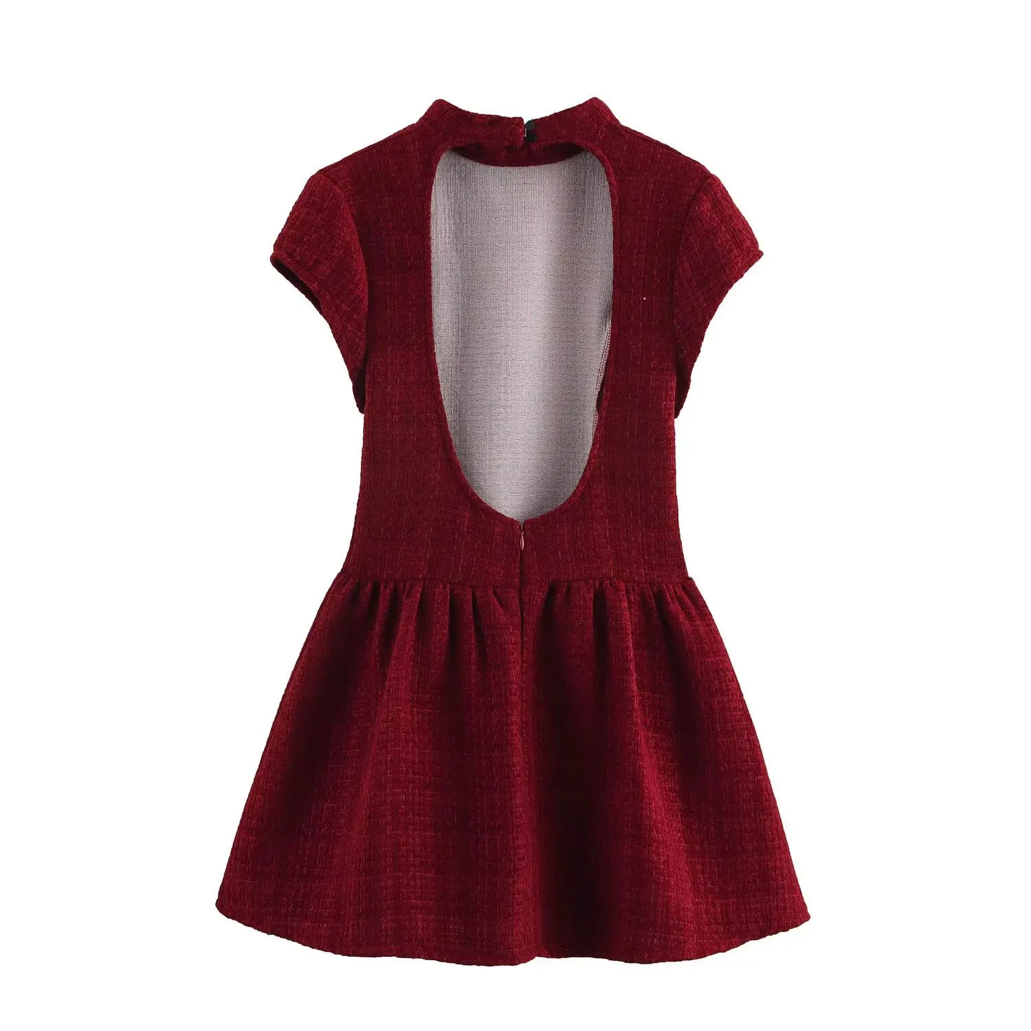 2025 Sexy Wine Red Tweed Short Sleeve Mini Dress Women Hollow Cut Out Back Backless Low Waist Ball Gown Swing Dresses Party Robe