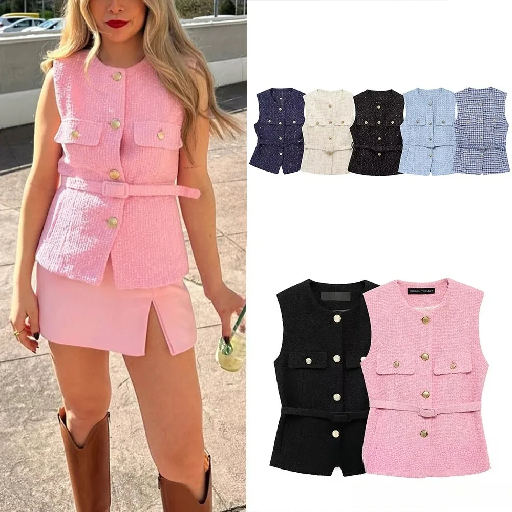

KONDALA Vintage Belt Twist Waistcoats Women O Neck Sleeveless Gold Button Vest Fashion 2025 Spring Summer Office Lady Blazer Top