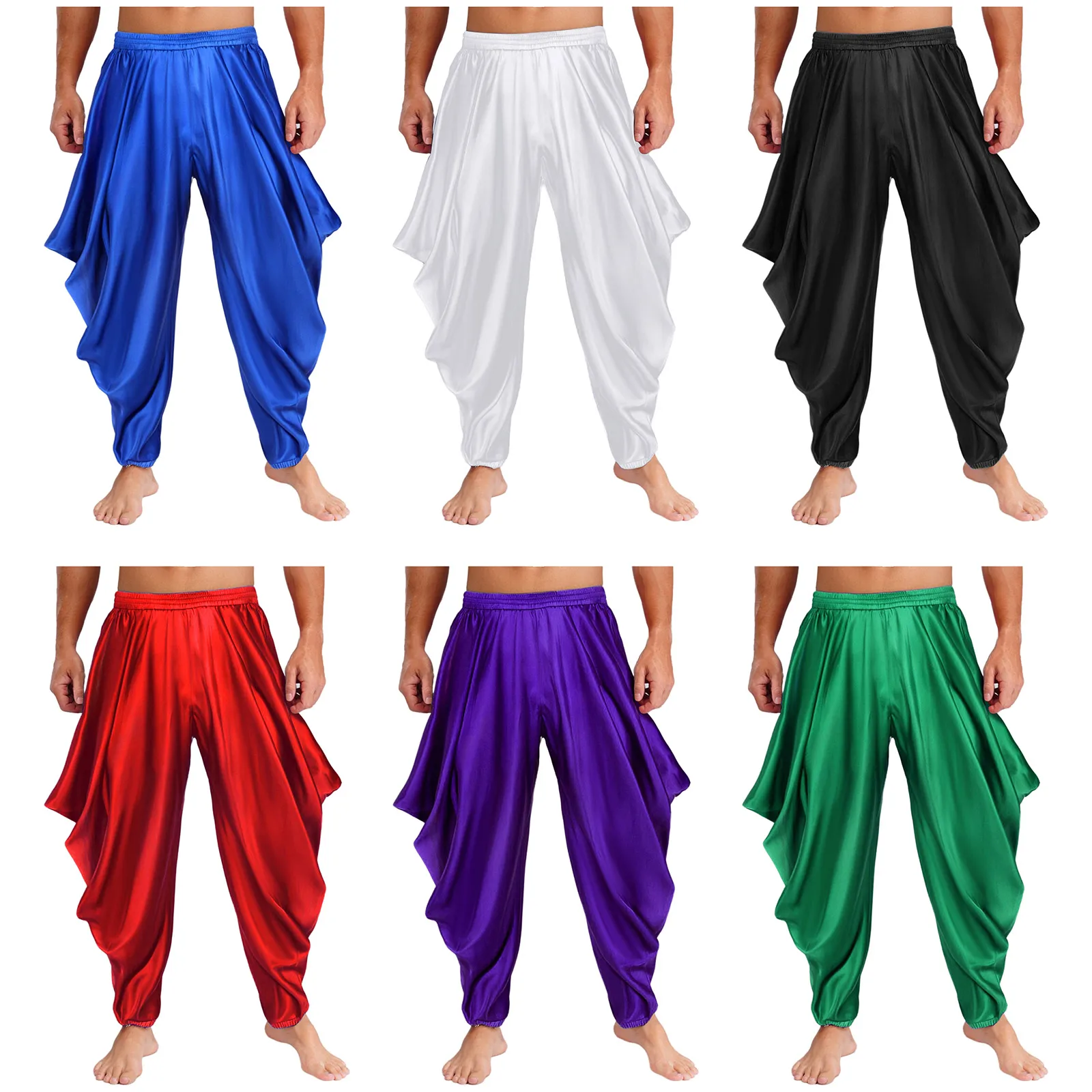 

Men Adult Arabian Prince Costume Satin Dhoti Harem Pants Elastic Waistband Draped Baggy Bloomers for Halloween Carnival Cosplay