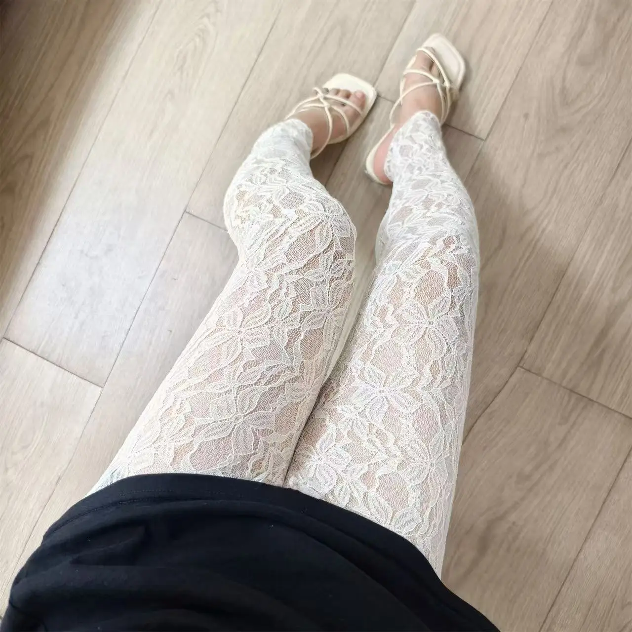 Women Floral Lace Leggings Plus Size High Stretch See Through Mesh Pants, Vintage Hollow Out Flower Lace Trousers, Summer Beach