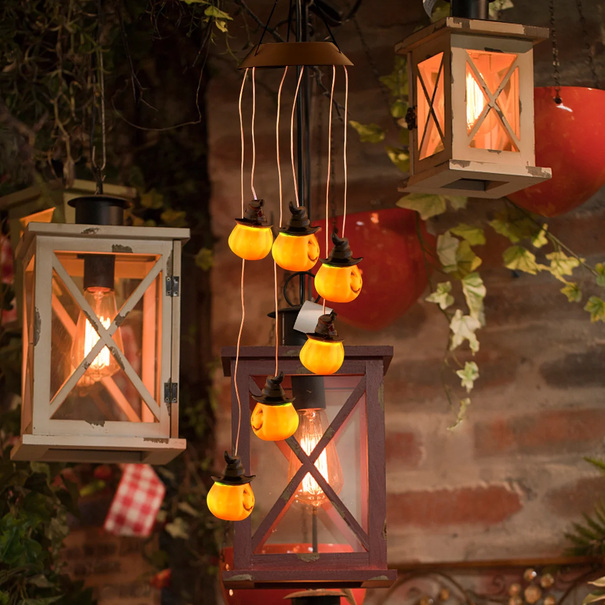 

1Pcs Halloween Pumpkin Solar Windbell Lamp Orange Novel Garden Hanging Light Changing Color Solar Outdoor Decoration