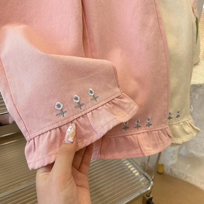 Koreanischen Stil Mädchen Casual Hosen Lose Breite Bein 9-Punkt Hosen Frühling Herbst Nette Blumen Stickerei Rüschen Manschetten hosen
