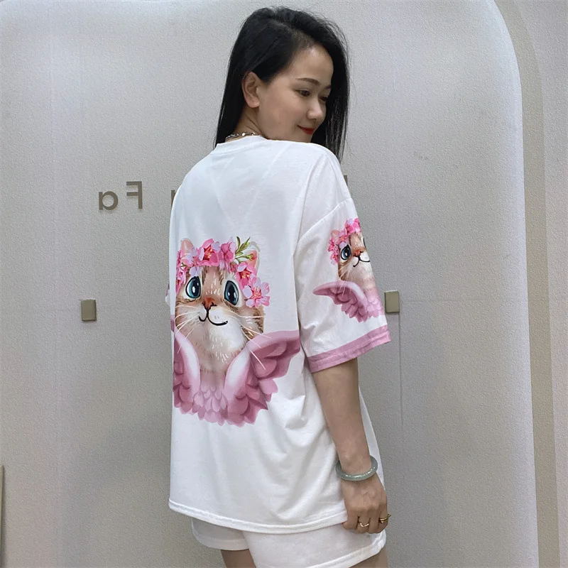 2024 Summer New Shorts Set Female Cat Print Cartoon Crew Neck Short Sleeve T-shirt and Shorts Two Pieces Sets Women Outifits