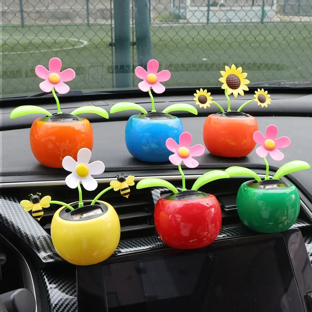 Car Ornament Solar Powered Dancing Shaking Head Cartoon Sun Flower Pot Automobile Auto Dashboard Decoration Cute Car Accessories