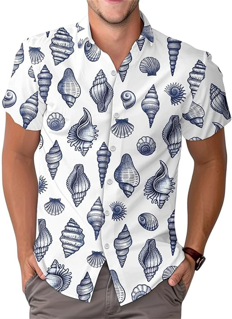 

Мужская повседневная модная рубашка оверсайз с 3D-принтом морских животных, гавайская рубашка с воротником-стойкой на пуговицах, с коротким рукавом, мужская одежда