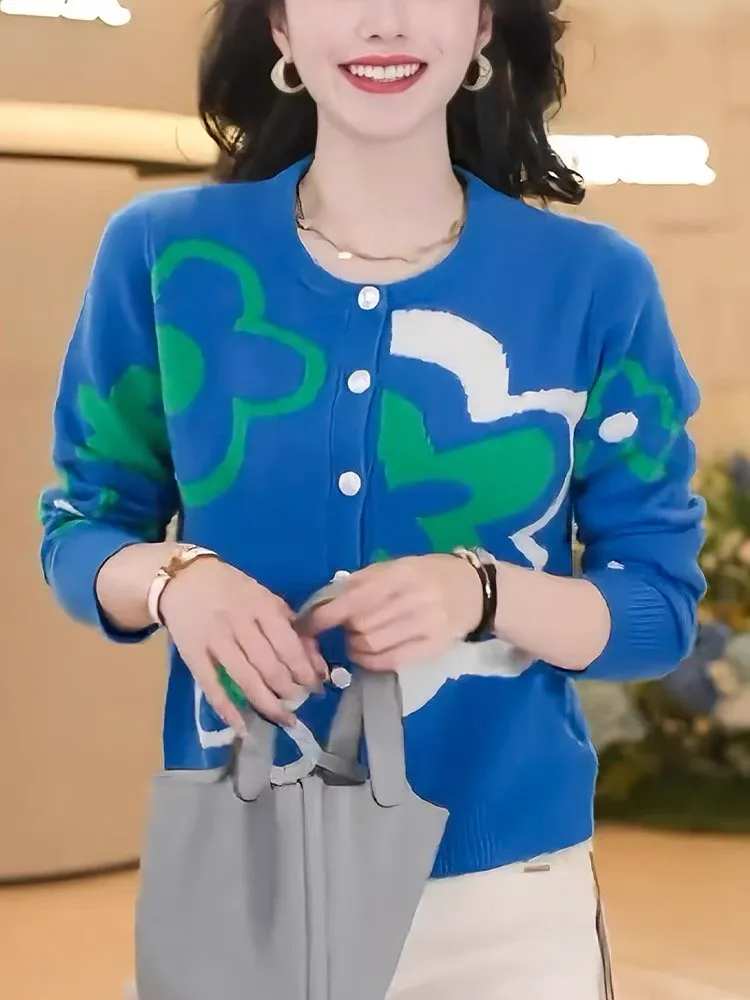 Azul jacquard malha camisola cardigan feminino elegante moda senhoras malhas topos manga longa o pescoço casual chique jumpers 2025
