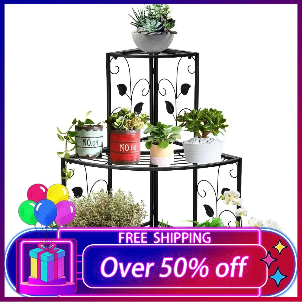 3 Tiers Corner Shelf Metal Plant Stand, Stair-Step Style Flower Pot Display, Quarter Round Plant Shelf for Indoor Outdoor Use