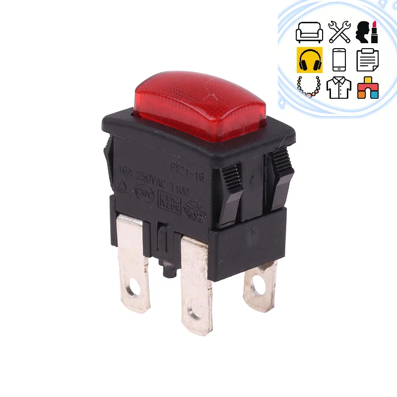 4Pins 16A Self-Lock Switch Button Rocker PS21-16 With Light Heater Electrical Touch Switch For Vacuum Cleaner Garment Steamer